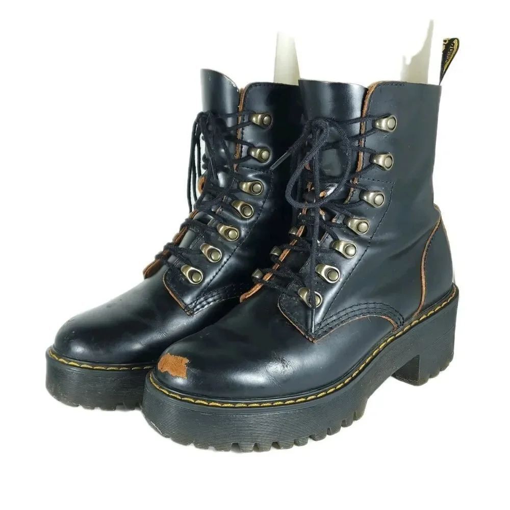 Dr Martens Women’s Leona US7 Black Leather Chunky Heel Platform Combat Boots